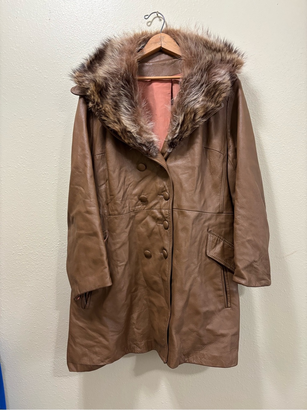 70s  Brown-Fur Trim Leather Coat